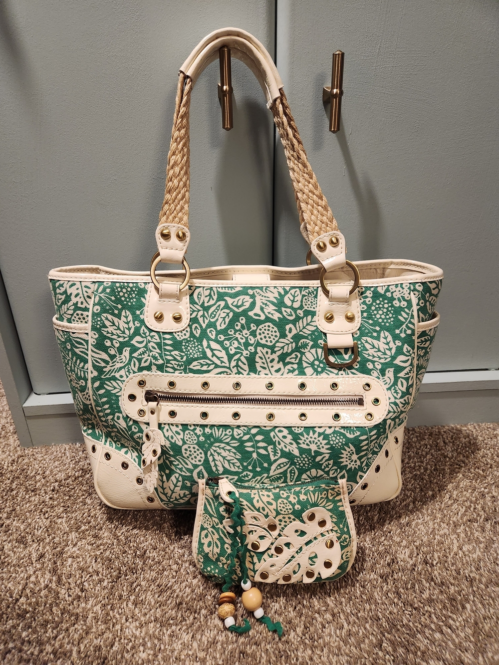 Rafe New York Floral Green & Cream Tote Bag Braided Handles & Pouch 12x10x5.5